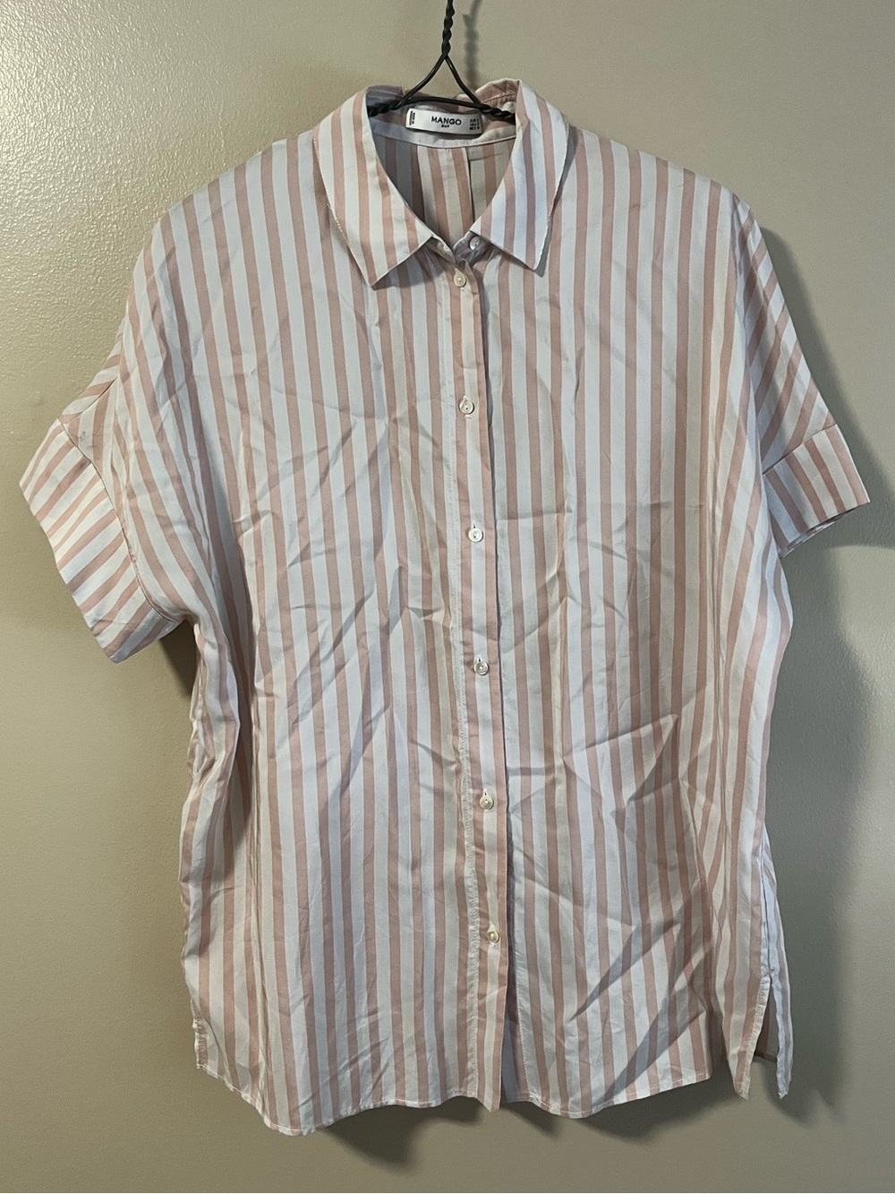 Mango Pink and White Striped Short Sleeve Button Up Shirt Size 6